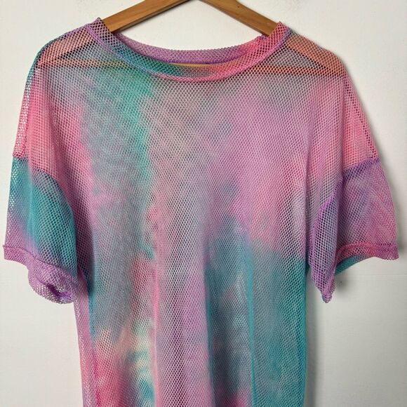 Pastel Rainbow Pink Blue Fishnet Mesh Swim Cover Up and Festival Dress One Size - Picture 6 of 13